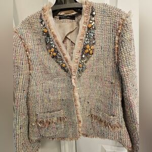 Elegant Tweed Blazer with Embellished Details